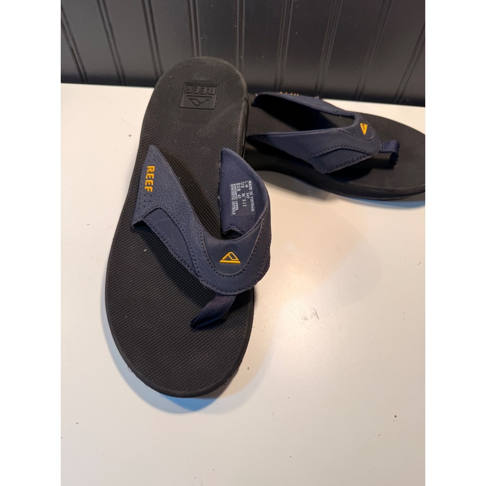 Reef Fanning Mens Flip Flops Navy Blue Black Orange Bottle Opener Size 12